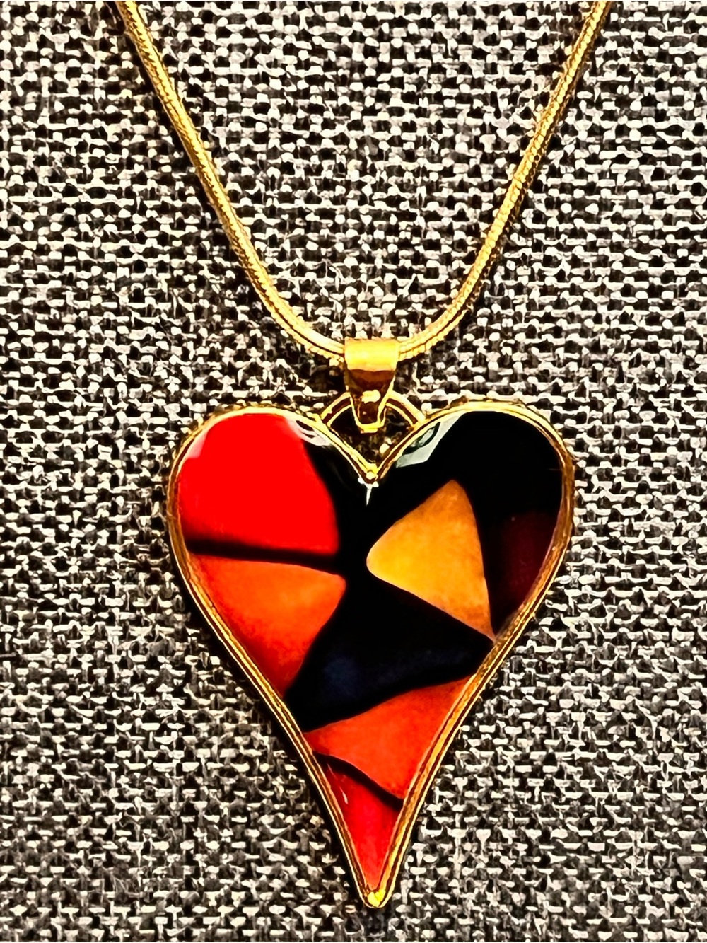 Gold Heart Pendant Necklace with Red and Black Inlay